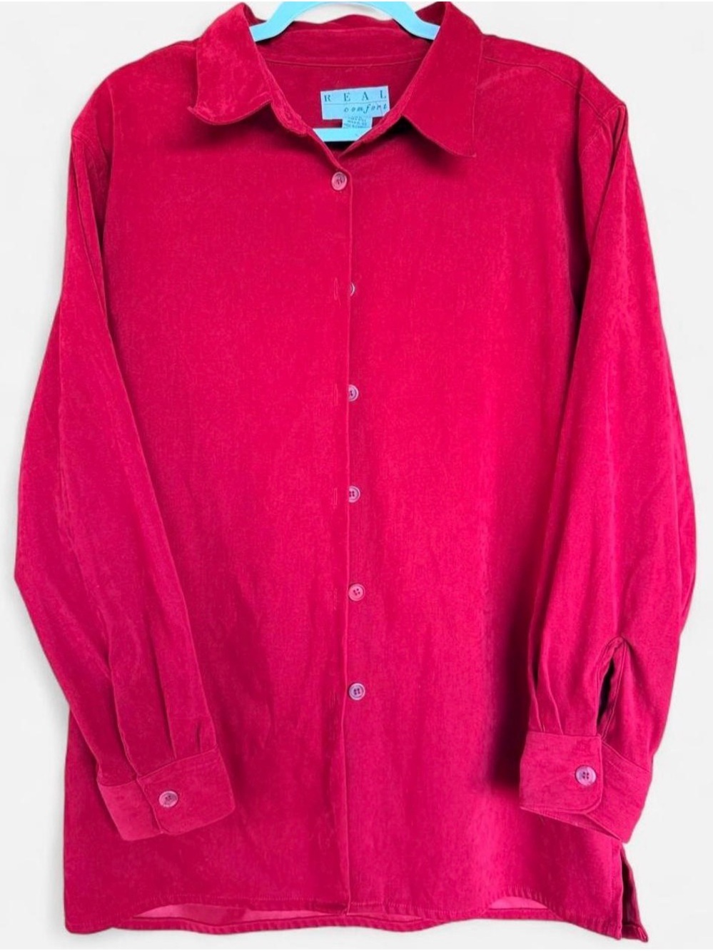 Vintage Real Comfort Red Suede Buttondown Shirt size women’s large.